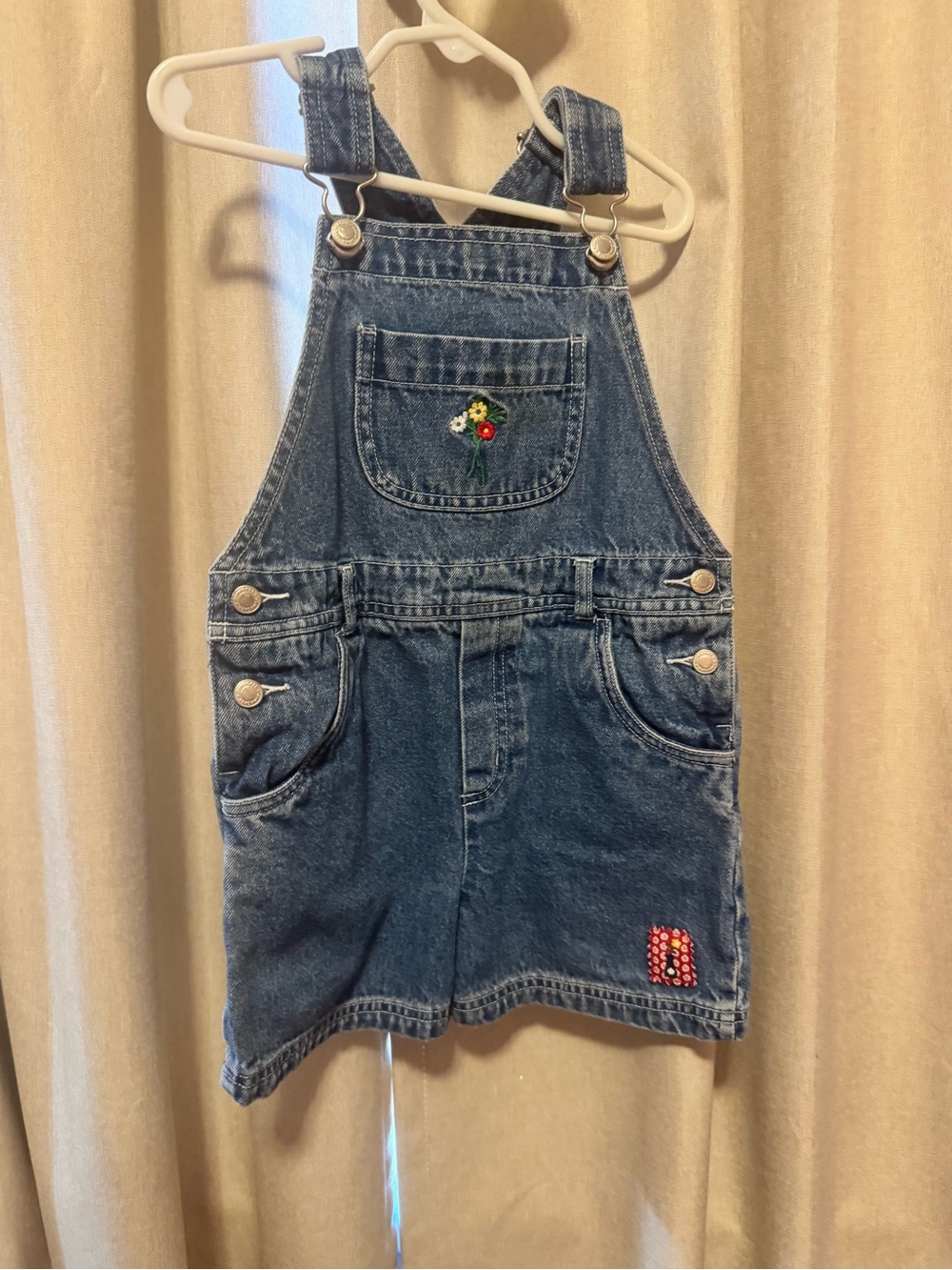 Kids Denim Overall Shorts with Floral Embroidery - Blue